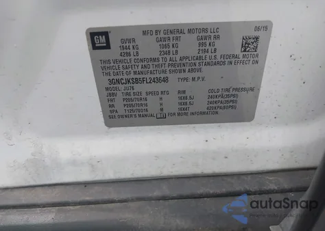 2015 Chevrolet Trax 1Fl z USA, uszkodzony, nr VIN 3GNCJKSB5FL243648